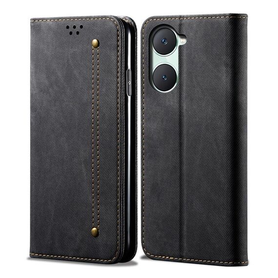 Custodia per cellulare in pelle flip con texture denim per vivo Y03 4G (nera)