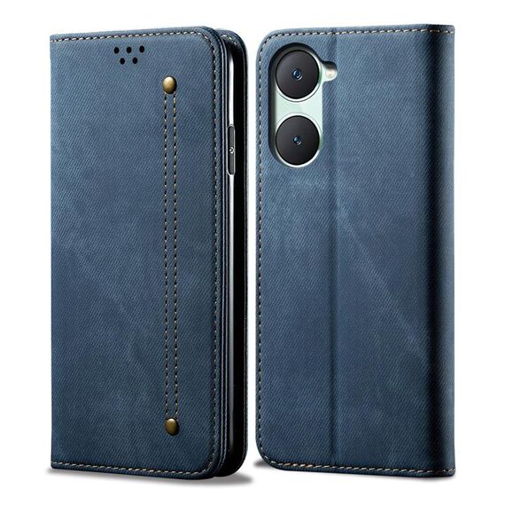 Custodia per cellulare in pelle flip con texture denim per vivo Y03 4G (blu)