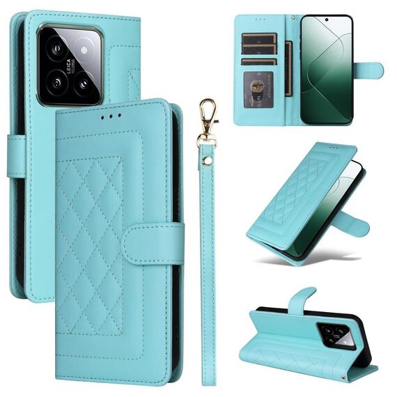 Custodia per cellulare Flip in pelle con reticolo di diamanti Xiaomi 14 5G (verde menta)
