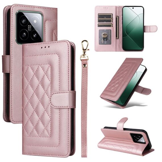 Per Xiaomi 14 5G Custodia per cellulare in pelle con reticolo di diamanti (oro rosa)