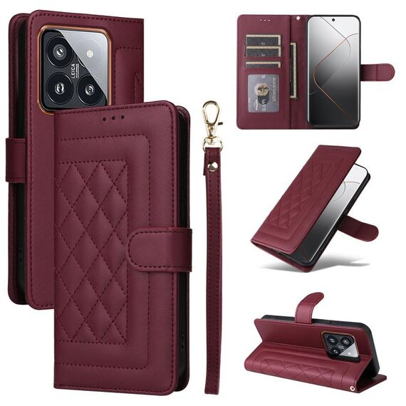Per Xiaomi 14 Pro 5G Custodia per cellulare in pelle con reticolo diamantato (vino rosso)