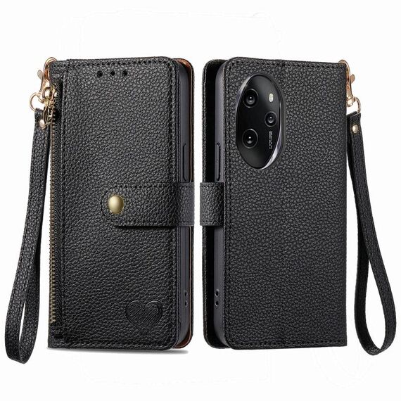 Per Honor 100 Pro 5G Love Custodia in pelle con cordino con cerniera (nera)