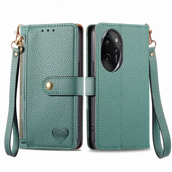 Per Honor 100 Pro 5G Love Custodia per telefono in pelle con cordino con cerniera (verde)