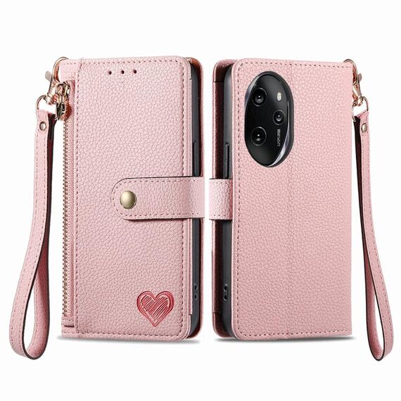 Per Honor 100 Pro 5G Love Custodia in pelle con cordino con cerniera (rosa)