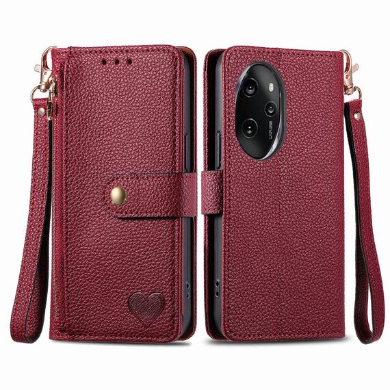 Per Honor 100 Pro 5G Love Custodia in pelle con cordino con cerniera (rossa)