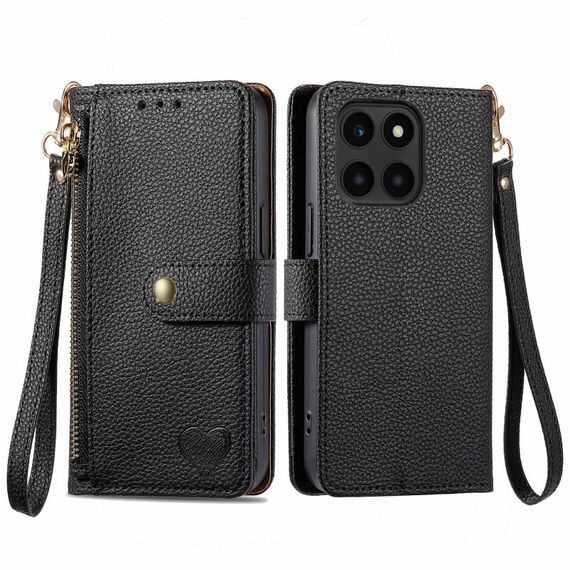 Per Honor X6a Love Custodia in pelle con cordino con cerniera (nera)