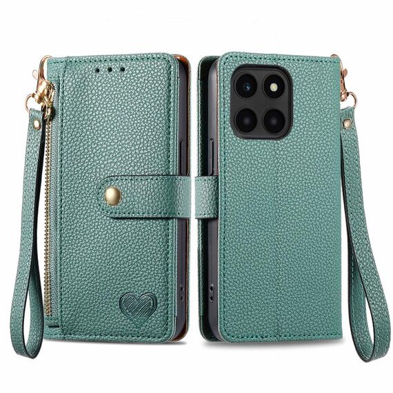 Custodia per telefono in pelle con cordino e cerniera per Honor X6a Love (verde)