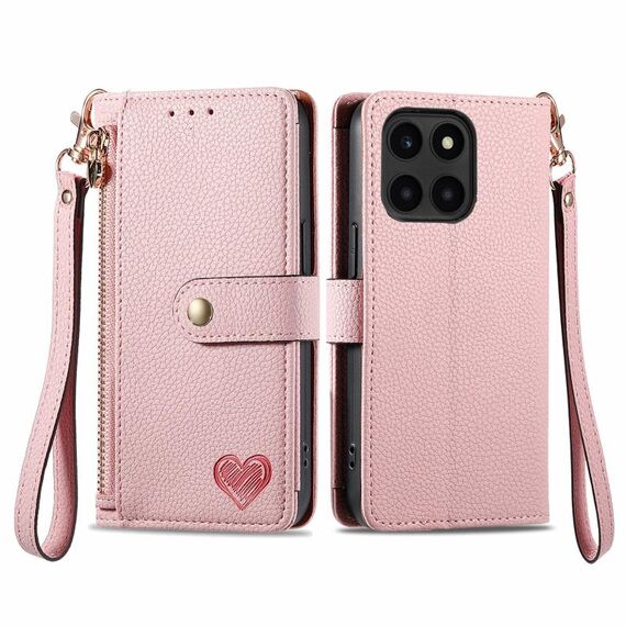 Custodia per telefono in pelle con cordino e cerniera Love per Honor X6a (rosa)