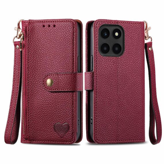Custodia per telefono in pelle con cordino e cerniera per Honor X6a Love (rossa)