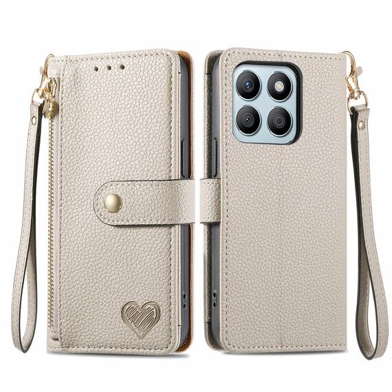 Custodia per telefono in pelle con cordino e cerniera Love per Honor X8B (grigio)