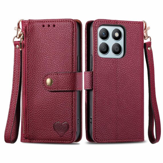 Custodia per telefono in pelle con cordino e cerniera per Honor X8B Love (rossa)