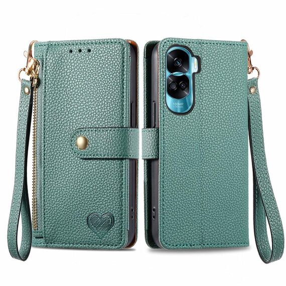 Custodia per telefono in pelle con cordino e cerniera per Honor X50i Love (verde)