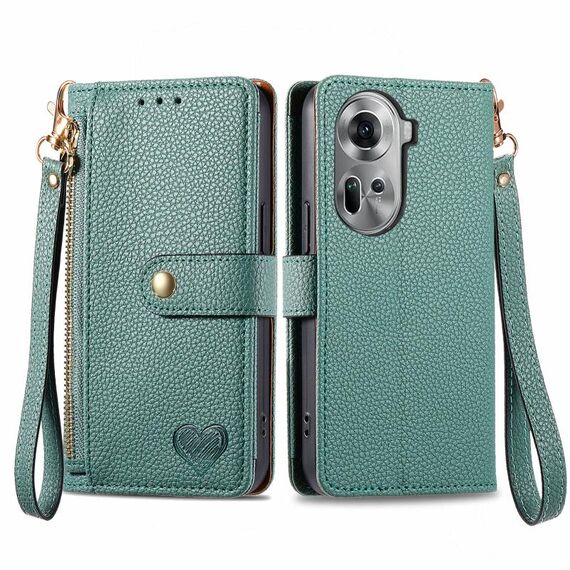 Per OPPO Reno11 5G Global Love Custodia in pelle con cordino e cerniera (verde)