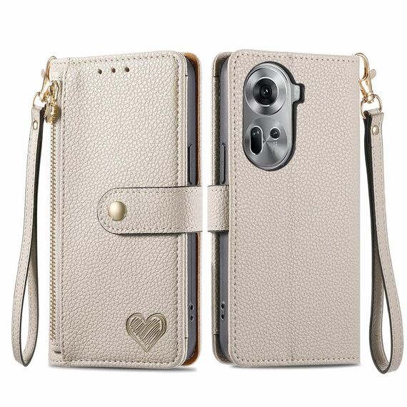 Per OPPO Reno11 5G Global Love Custodia in pelle con cordino con cerniera (grigio)
