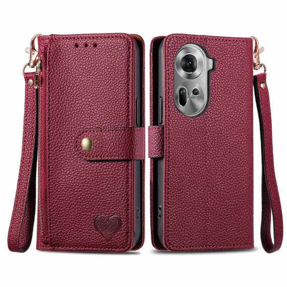 Per OPPO Reno11 5G Global Love Custodia in pelle con cordino e cerniera (rossa)