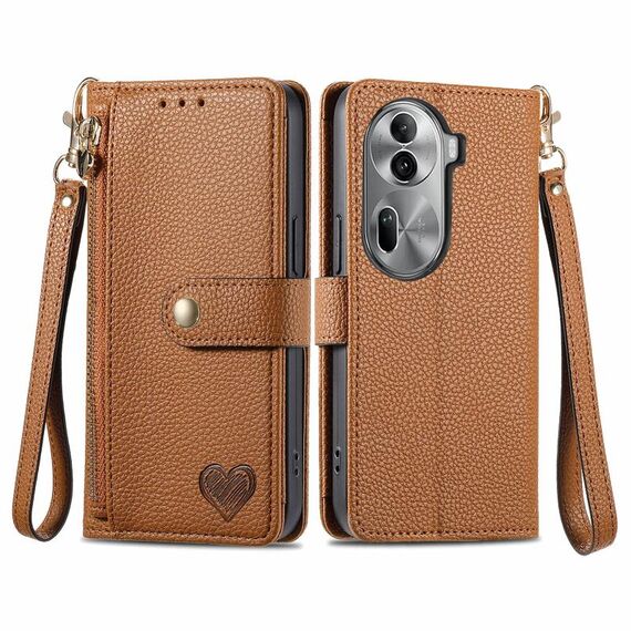 Per OPPO Reno11 Pro 5G Global Love Custodia in pelle con cordino e cerniera (marrone)