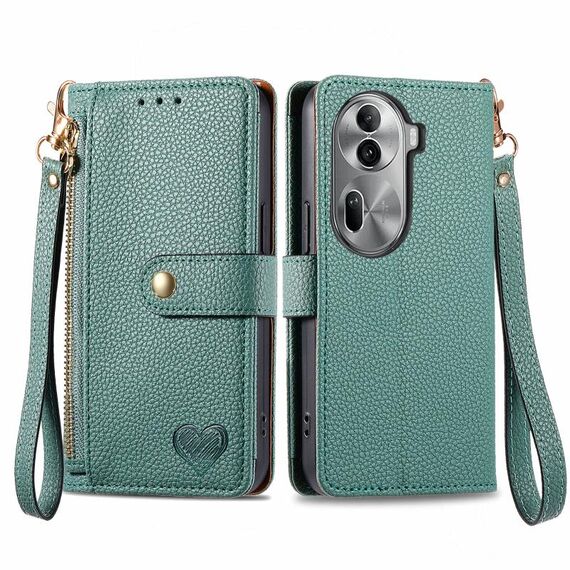 Per OPPO Reno11 Pro 5G Global Love Custodia in pelle con cordino e cerniera (verde)