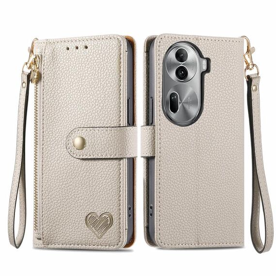 Per OPPO Reno11 Pro 5G Global Love Custodia in pelle con cordino con cerniera (grigio)