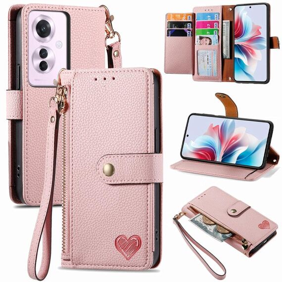 Per OPPO Reno11 F 5G Love Custodia in pelle con cordino e cerniera (rosa)