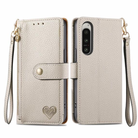 Per Sony Xperia 5 IV Love Custodia in pelle con cordino e cerniera (grigia)