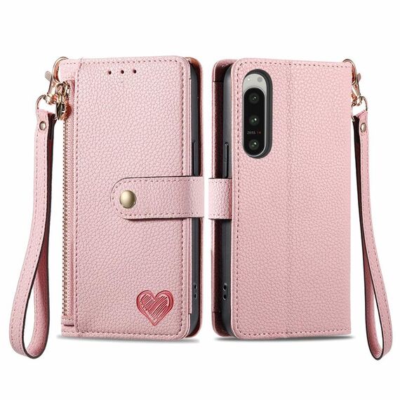 Per Sony Xperia 5 IV Love Custodia in pelle con cordino e cerniera (rosa)