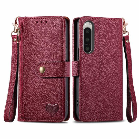 Per Sony Xperia 5 IV Love Custodia in pelle con cordino e cerniera (rossa)