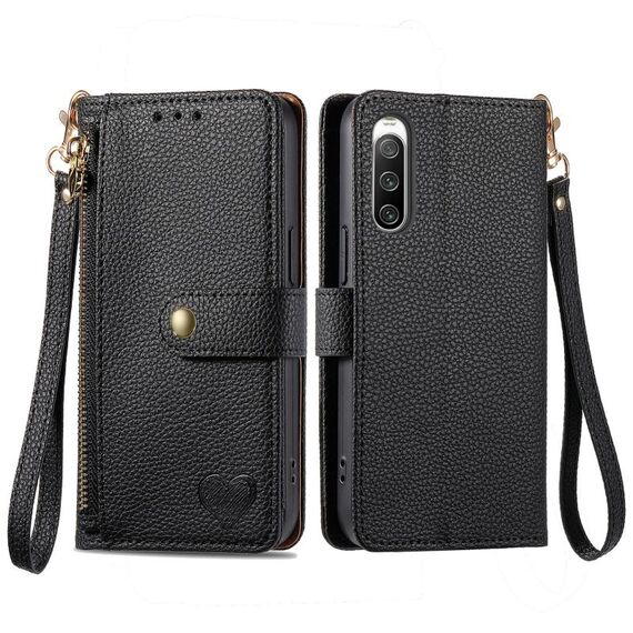 Per Sony Xperia 10 IV Love Custodia in pelle con cordino e cerniera (nera)