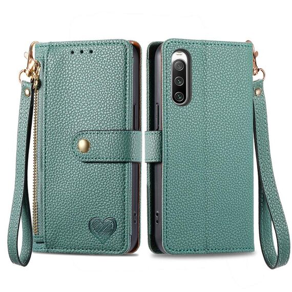 Per Sony Xperia 10 IV Love Custodia in pelle con cordino e cerniera (verde)