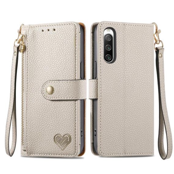 Per Sony Xperia 10 IV Love Custodia in pelle con cordino e cerniera (grigia)