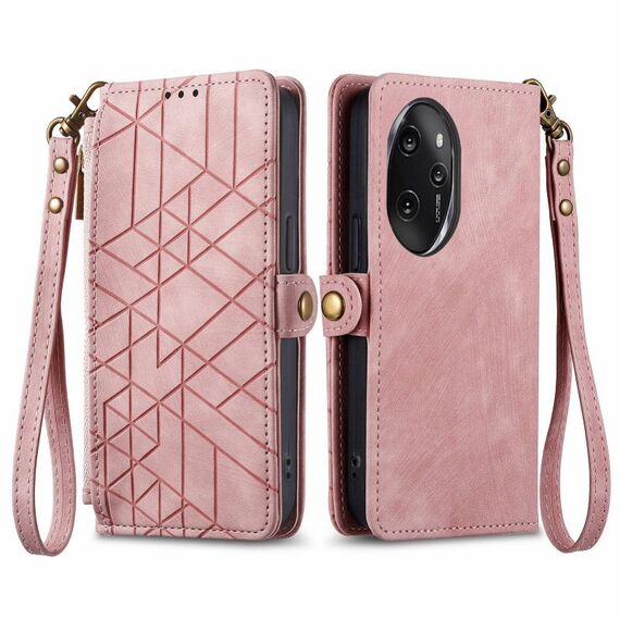 Custodia per telefono in pelle con fibbia laterale con cerniera geometrica per Honor 100 Pro 5G (rosa)