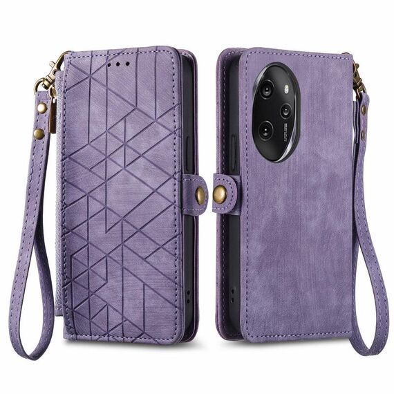 Custodia per telefono in pelle con fibbia laterale con cerniera geometrica per Honor 100 Pro 5G (viola)