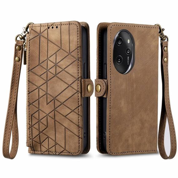 Custodia per telefono in pelle con fibbia laterale con cerniera geometrica per Honor 100 Pro 5G (marrone)