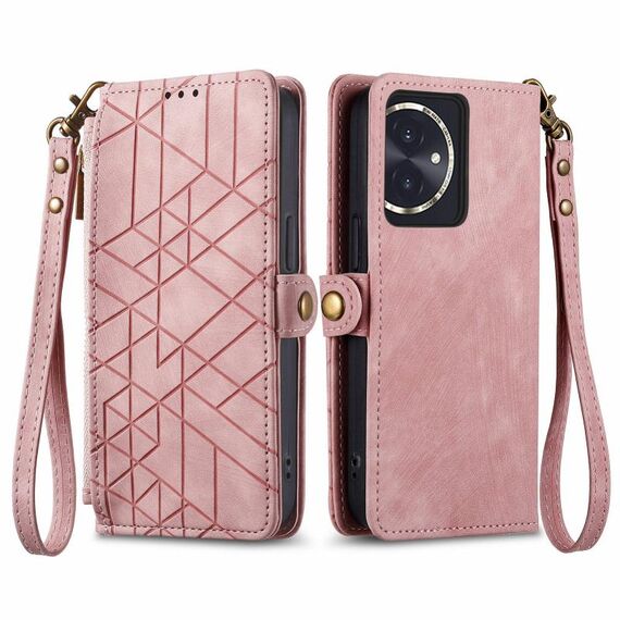 Custodia per telefono in pelle con fibbia laterale con cerniera geometrica per Honor 100 5G (rosa)