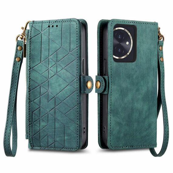 Custodia per telefono in pelle con fibbia laterale con cerniera geometrica per Honor 100 5G (verde)