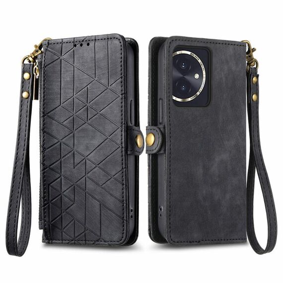 Custodia per telefono in pelle con fibbia laterale con cerniera geometrica per Honor 100 5G (nera)