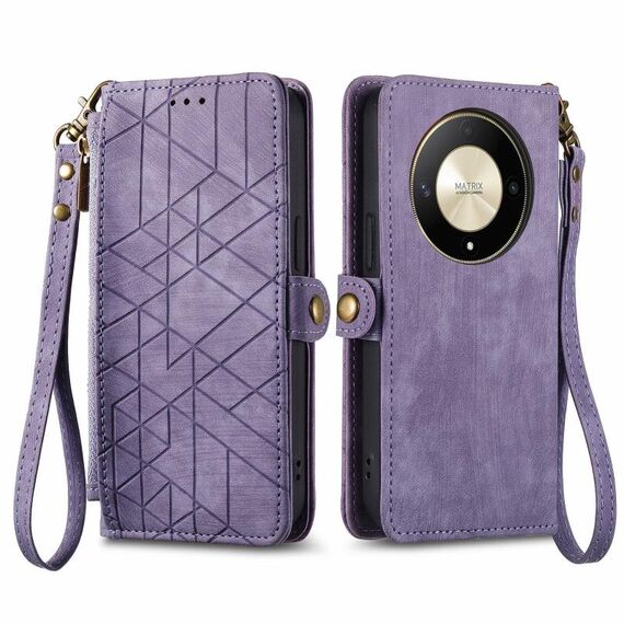 Custodia per telefono in pelle con fibbia laterale con cerniera geometrica per Honor X9b (viola)