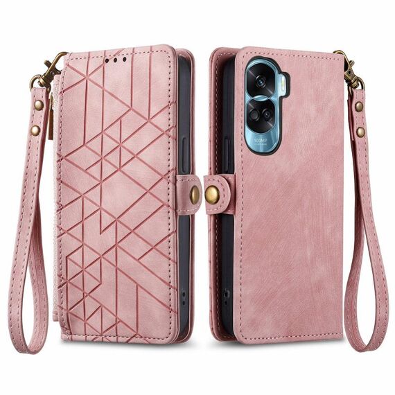 Custodia per telefono in pelle con fibbia laterale con cerniera geometrica per Honor X50i (rosa)