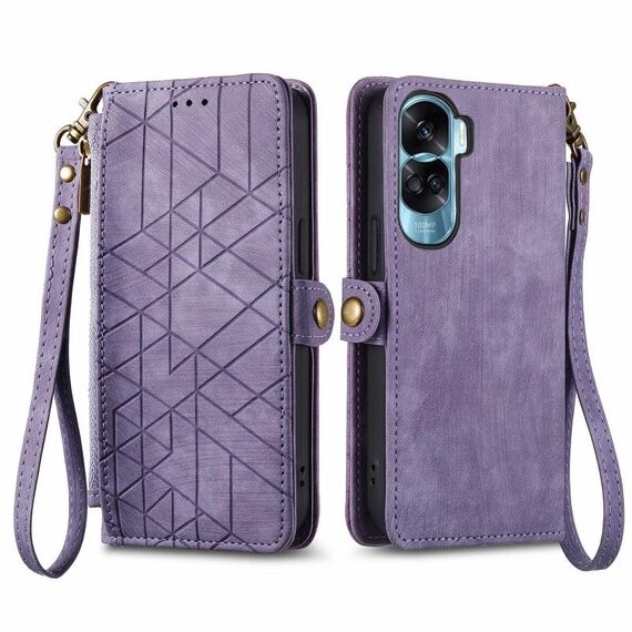 Custodia per telefono in pelle con fibbia laterale con cerniera geometrica per Honor X50i (viola)