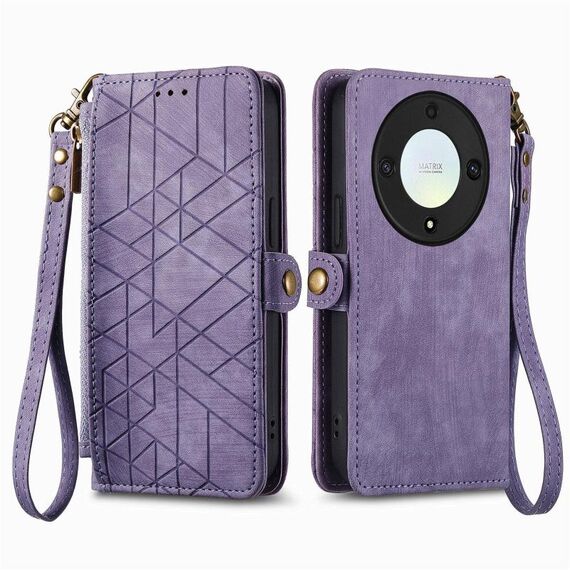 Custodia per telefono in pelle con fibbia laterale con cerniera geometrica per Honor X9a (viola)