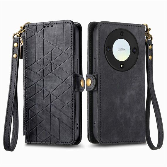 Custodia per telefono in pelle con fibbia laterale con cerniera geometrica per Honor X9a (nera)