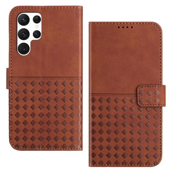 Custodia per telefono in pelle con blocco RFID in tessuto goffrato per Samsung Galaxy S22 Ultra 5G (marrone)