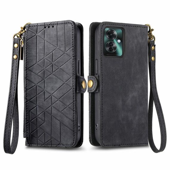 Per OPPO Reno11 F 5G Custodia per telefono in pelle con cerniera geometrica portafoglio con fibbia laterale (nera)