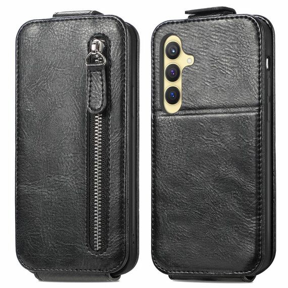 Custodia per telefono in pelle con chiusura verticale a portafoglio con cerniera per Samsung Galaxy S24+ 5G (nera)