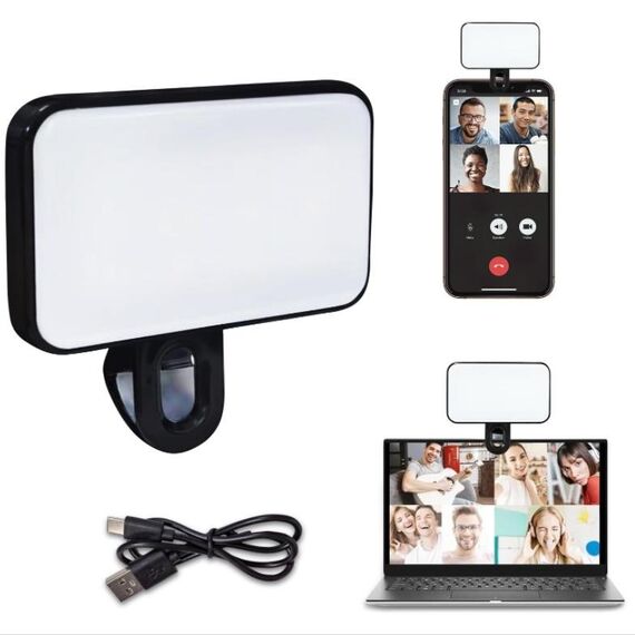 Clip per selfie con luce di riempimento a 3 colori ricaricabile per telefono, laptop, tablet per riunioni (nero)