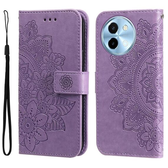 Per vivo Y38 5G / T3x 5G Custodia per cellulare in pelle con stampa globale a 7 petali di fiori (viola chiaro)