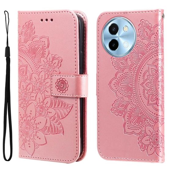 Per vivo Y38 5G / T3x 5G Custodia per cellulare in pelle con stampa globale a 7 petali di fiori (oro rosa)