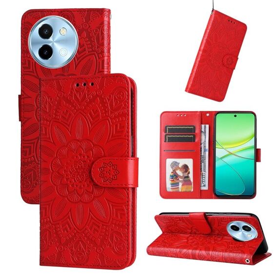 Custodia per telefono in pelle di girasole goffrata globale per vivo Y38 5G / T3x 5G (rossa)