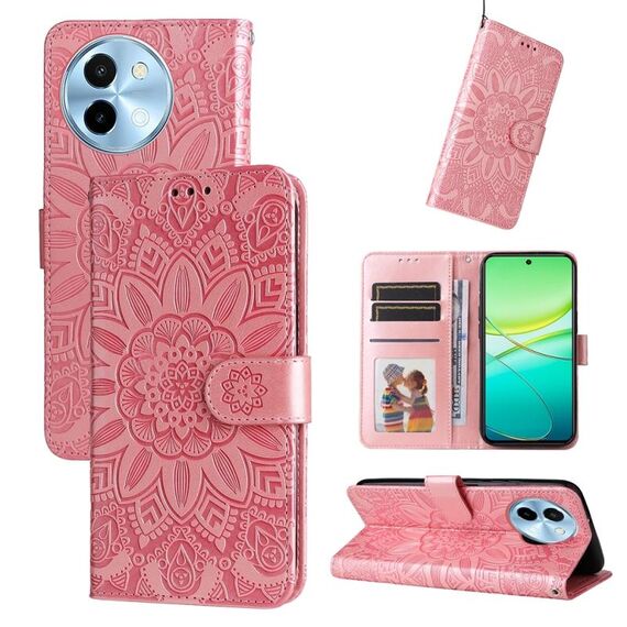 Custodia per cellulare in pelle di girasole goffrata globale per vivo Y38 5G / T3x 5G (oro rosa)