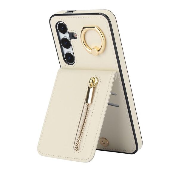 Per Samsung Galaxy S24+ 5G Custodia per telefono con slot per scheda RFID retrò con anello e cerniera (Beige)