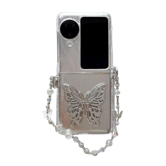 Per OPPO Find N3 Flip Feather Butterfly Pattern PC Fibbia laterale Custodia per telefono antiurto a copertura totale con braccialetto (Farfalla 3D)